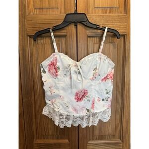 Floral Corset Cami Top Y2K Lace Bows Vintage Aesthetic Cottagecore Flirty L